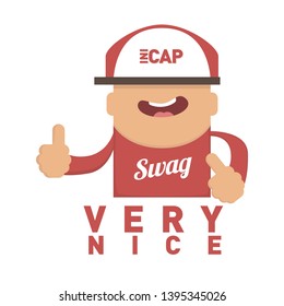 Swag boy with red clothes, hat and shoes giving two thumbs up and saying very nice