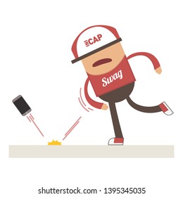 Swag boy with red clothes, hat and shoes feeling angry and throwing his own phone to the floor