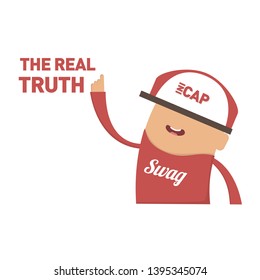 Swag boy with red clothes, hat and shoes pointing upwards with one hand and saying the real truth