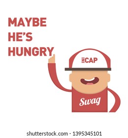 Swag boy with red clothes, hat and shoes pointing upwards and saying maybe someone is hungry