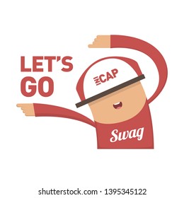 Swag boy with red clothes, hat and shoes pointing with weird flexible style and saying let's go