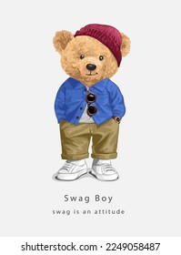 swag boy slogan with bear doll in blue shirt and bean hat vector illustration