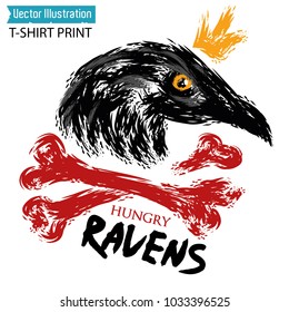 SWAG design images for printing on T-shirt, tees. Design element for rap album, rap group or rnb singer. Vintage head of raven painted with brush strokes. Crow with crown. Isolated vector illustration