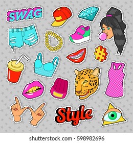 Swag Fashion Elements with Hands, Lips and Clothes for Stickers, Badges, Patches. Vector doodle