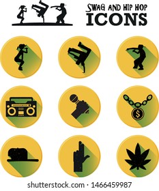 Swag, Hip Hop, Rap, And R&B Music Icon Set: Twerking, Street Danceing, Rapper, Radiocassete, Microphone, Gold Chain, Cap, Hand Gun Sign, Marihuana Leaf.