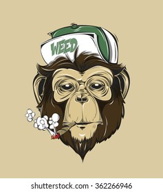 SWAG monkey in a cap or baseball cap with weed print for t-shirt. HIPSTER print. Monkey modern street style attributes. Vector art. Monkey head for poster.