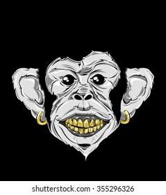 SWAG monkey with gold smile print for t-shirt. HIPSTER print. Monkey modern street style attributes. Vector art.