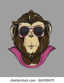 SWAG monkey print for t-shirt. HIPSTER print. Monkey modern street style attributes. Vector art. Monkey head for poster.
