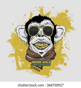 SWAG Monkey With Scarf And Sunglasses. Print For T-shirt. HIPSTER Print. Monkey Modern Street Style Attributes. Vector Art. Monkey Head For Poster. Gold Teeth. Big Smile. Symbol 2016