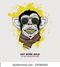 SWAG Monkey With Scarf And Sunglasses. Print For T-shirt. HIPSTER Print. Monkey Modern Street Style Attributes. Vector Art. Monkey Head For Poster. Gold Teeth. Big Smile. Symbol 2016