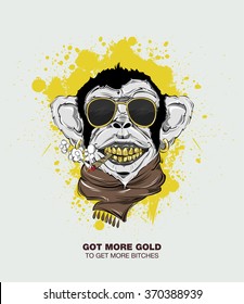 SWAG monkey with scarf, sunglasses and weed. print for t-shirt. HIPSTER print. Monkey modern street style attributes. Vector art. Monkey head for poster. Gold teeth. Big smile. Symbol 2016