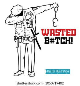 SWAG policeman celebrates the victory. Vector illustration for t shirt printing and poster, banner. Graphic tee and printed tee. Dancing policeman with donut in hands. DUB rap sign. Funny print