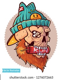 Swag rapper hipster holds in mouth dynamite. Explosive rap songs - concept for rap cover album. Skull in hat holds in mouth dynamite. Brutal skull with tribal tatoo. Isolated vector illustration