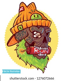 Swag rapper hipster holds in mouth dynamite. Explosive rap songs - concept for rap cover album. Skull in hat holds in mouth dynamite. Brutal skull with tribal tatoo. Isolated vector illustration