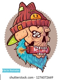 Swag rapper hipster holds in mouth dynamite. Explosive rap songs - concept for rap cover album. Skull in hat holds in mouth dynamite. Brutal skull with tribal tatoo. Isolated vector illustration