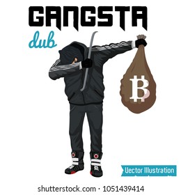 SWAG robber celebrates the victory. Vector illustration for t shirt printing, poster, banner. Graphic tee and printed tee. Dancing thief with money bag in hand. DUB rap sign. Funny print for t shirt