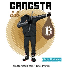 SWAG robber celebrates the victory. Vector illustration for t shirt printing, poster, banner. Graphic tee and printed tee. Dancing thief with money bag in hands. DUB rap sign. Black lives matter