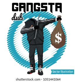 SWAG robber celebrates the victory. Vector illustration for t shirt printing, poster, banner. Graphic tee and printed tee. Dancing thief with money in hands. DUB rap sign. Funny print for tshirt, tee