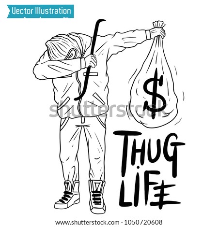 SWAG robber celebrates the victory. Vector illustration for t shirt printing, poster, banner. Graphic tee and printed tee. Dancing thief with donut in hands. DUB rap sign. Funny print for tshirt, tee