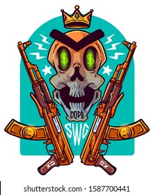 Swag Skull With Assault Rifle. Skull In Crown. Hype Print For Merch. Vector Illustration For Tee. Tshirt Design. Cool Tee Graphics. Rap Album Cover. Party Poster Element. Street Wear Skull With Ak 47 