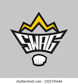 Swag Word Logo Badge With Crown Silhouette And Fist. Baseball Cap Or T-shirt Decoration Illustration.