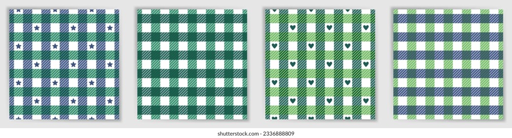 Swahili checkered endless ornament set. Elegant shepherd checkered plaid fabric print collection with stars and hearts. Swahili checkered square swatches for menswear textile print.