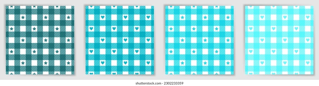 Swahili checkered endless pattern collection. Fashionable shepherd checkered plaid fabric print set with stars and hearts. Swahili checkered geometric swatches for garment textile print.