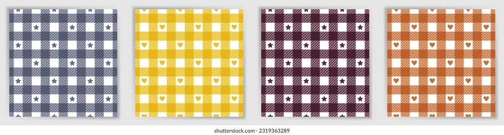 Swahili checkered endless pattern collection. Trendy shepherd checkered plaid textile print set with stars and hearts. Swahili checkered square swatches for picnic blanket fabric print.