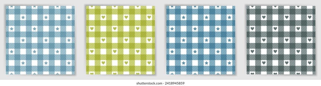 Swahili checkered endless pattern collection. Beautiful shepherd checkered plaid textile print set with stars and hearts. Swahili checkered geometric swatches for duvet cover fabric print.