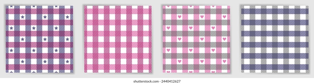 Swahili checkered endless pattern collection. Preppy shepherd checkered plaid fabric print set with stars and hearts. Swahili checkered square patterns for kilt or skirt textile print.