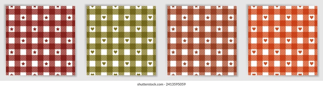 Swahili checkered endless pattern set. Trendy shepherd checkered plaid textile print collection with stars and hearts. Swahili checkered square swatches for kilt or skirt fabric print.