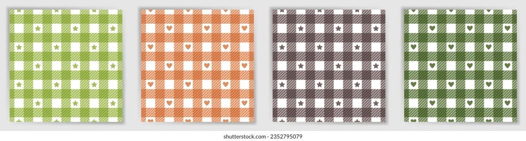 Swahili checkered seamless ornament collection. Traditional shepherd checkered plaid fabric print set with stars and hearts. Swahili checkered square swatches for bed linen textile print.