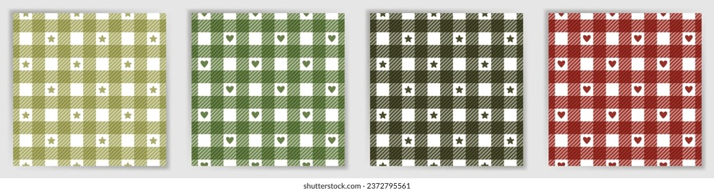 Swahili checkered seamless ornament collection. Cute shepherd checkered plaid fabric print set with stars and hearts. Swahili checkered geometric swatches for jacket textile print.