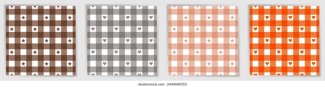 Swahili checkered seamless ornament collection. Elegant shepherd checkered plaid fabric print set with stars and hearts. Swahili checkered geometric swatches for duvet cover textile print.