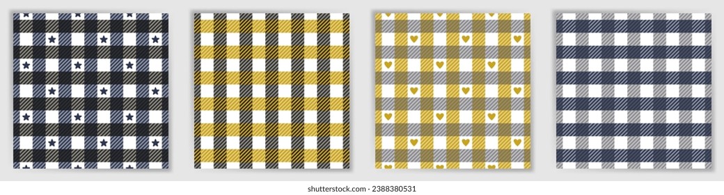 Swahili checkered seamless pattern collection. Classic shepherd checkered plaid textile print set with stars and hearts. Swahili checkered striped swatches for poncho fabric print.