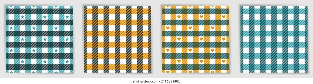 Swahili checkered seamless pattern set. Rustic shepherd checkered plaid fabric print collection with stars and hearts. Swahili checkered square patterns for cloth textile print.