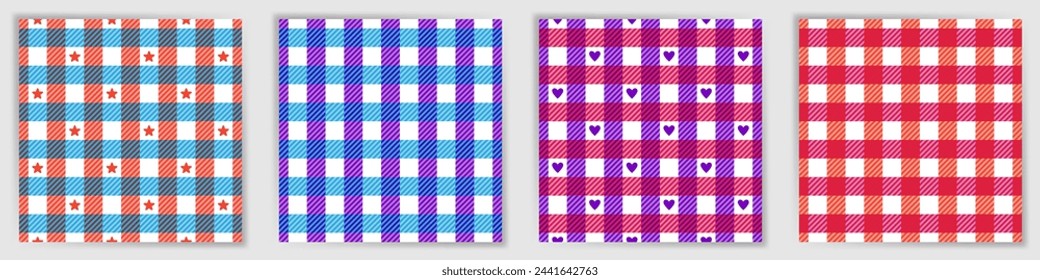 Swahili checkered seamless pattern set. Fashionable shepherd checkered plaid textile print collection with stars and hearts. Swahili checkered square patterns for curtains fabric print.