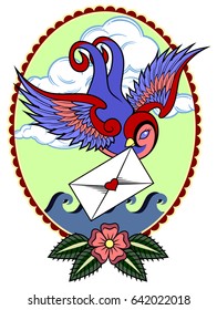 Swallow against the background of sea waves, carries an envelope in its beak. Old school tattoo style