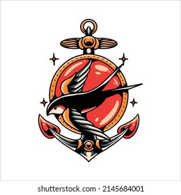 swallow and anchor tattoo vector design