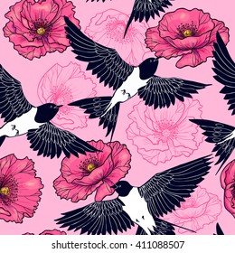 Swallow and beautiful  poppies.Vector seamless pattern 