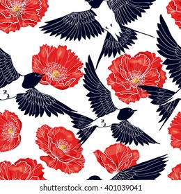 Swallow and beautiful red poppies.Vector seamless pattern 