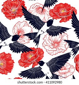 Swallow and  beautiful red poppies.Vector seamless pattern 