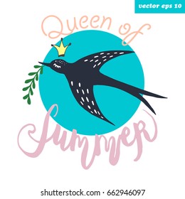 Swallow bird with branch in the beak. Summer concept. Hand lettering.Element for sticker, print, decoration.