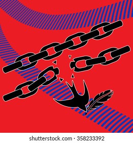Swallow bird breaking the chains to the way of freedom with a pen on its beak. Vector illustration