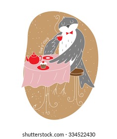 Swallow bird drinking hot tea at the table. On the table is red 