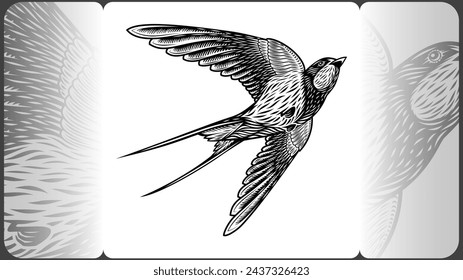 Trague el pájaro en vuelo aleteando sus alas extendidas. Ilustración vectorial en estilos de grabado, linocut, vintage, line art, tinta, blanco y negro para un tatuaje, láser o impresión. Dibujado a mano, sin rastro, sin IA