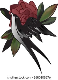 El pájaro Swallow vuela sobre la rosa roja
