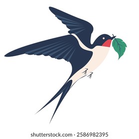 Swallow bird flying with a green leaf in its beak in a simple vector illustration style