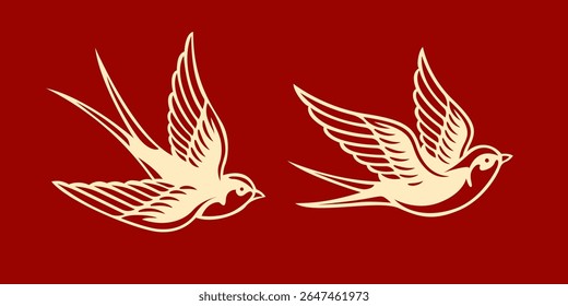Engolir pássaro, arte da linha dourada sobre fundo vermelho, banner do ano novo chinês, chim en. Ilustração de design para decoração, papel de parede, cartaz, banner, cartão. Ilustração de vetor.