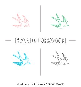 Swallow bird hand drawn icons set. Sailor's tattoo sketch. Color brush stroke. Isolated vector sketchy illustrations
